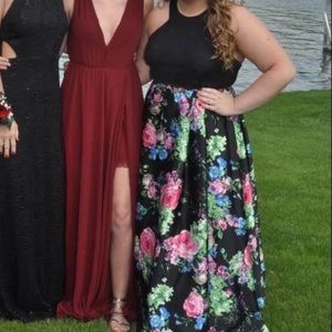 Two Piece Floral Black Prom Dress (with Pockets)